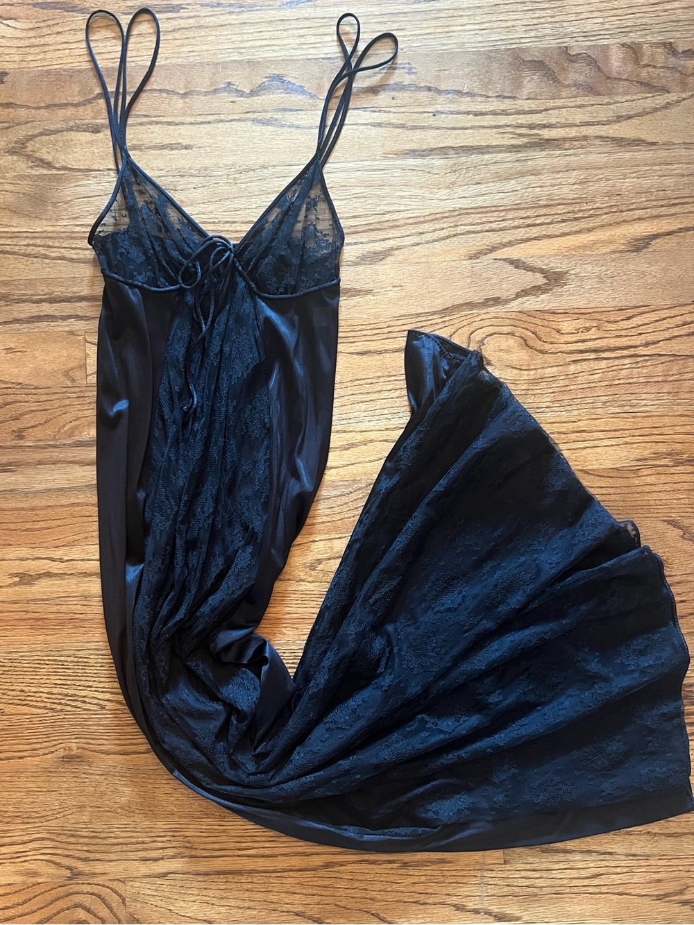 Silky Black Lace Slip Dress with Double Spaghetti Straps